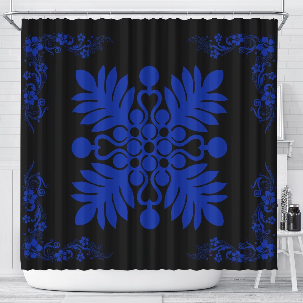 Hawaiian Quilt Maui Plant And Hibiscus Shower Curtain - Blue Black - AH 177 x 172 (cm) Blue - Polynesian Pride