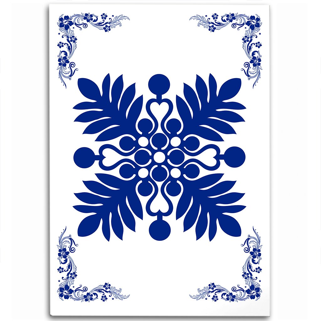 Hawaiian Quilt Maui Plant And Hibiscus Pattern Area Rug - Blue White - AH Blue - Polynesian Pride