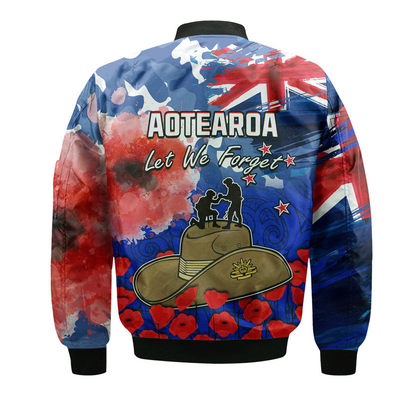 New Zealand ANZAC Day Bomber Jacket Grunge Aotearoa Flag and Red Poppy LT9 - Polynesian Pride