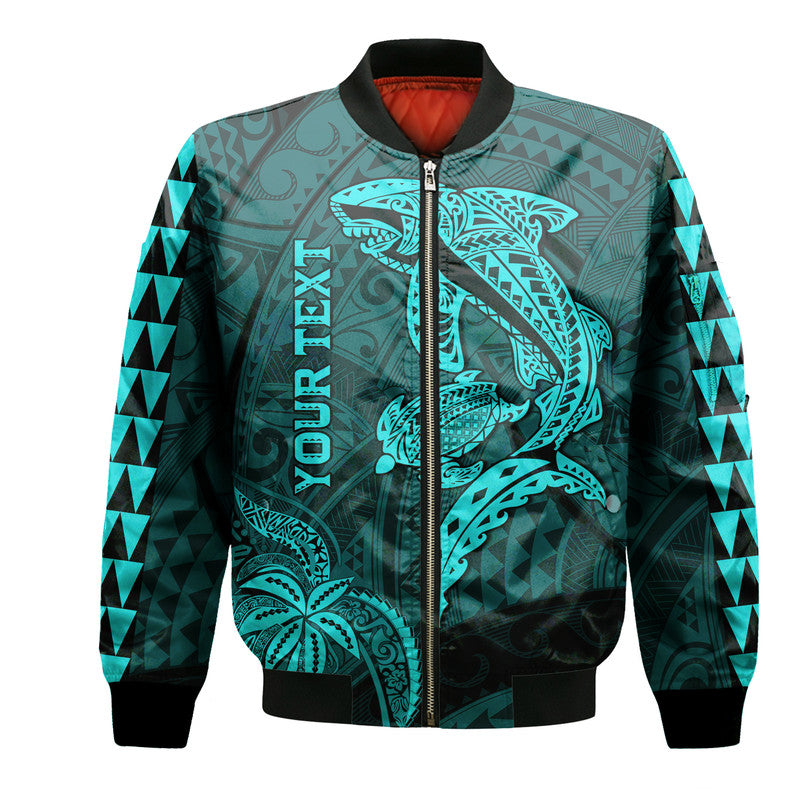 (Custom Personalised) Hawaii Bomber Jacket Shark and Turtle Mix Kakau Turquoise LT9 Unisex Turquoise - Polynesian Pride