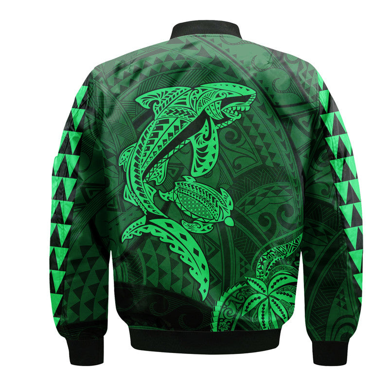 Hawaii Bomber Jacket Shark and Turtle Mix Kakau Green LT9 - Polynesian Pride