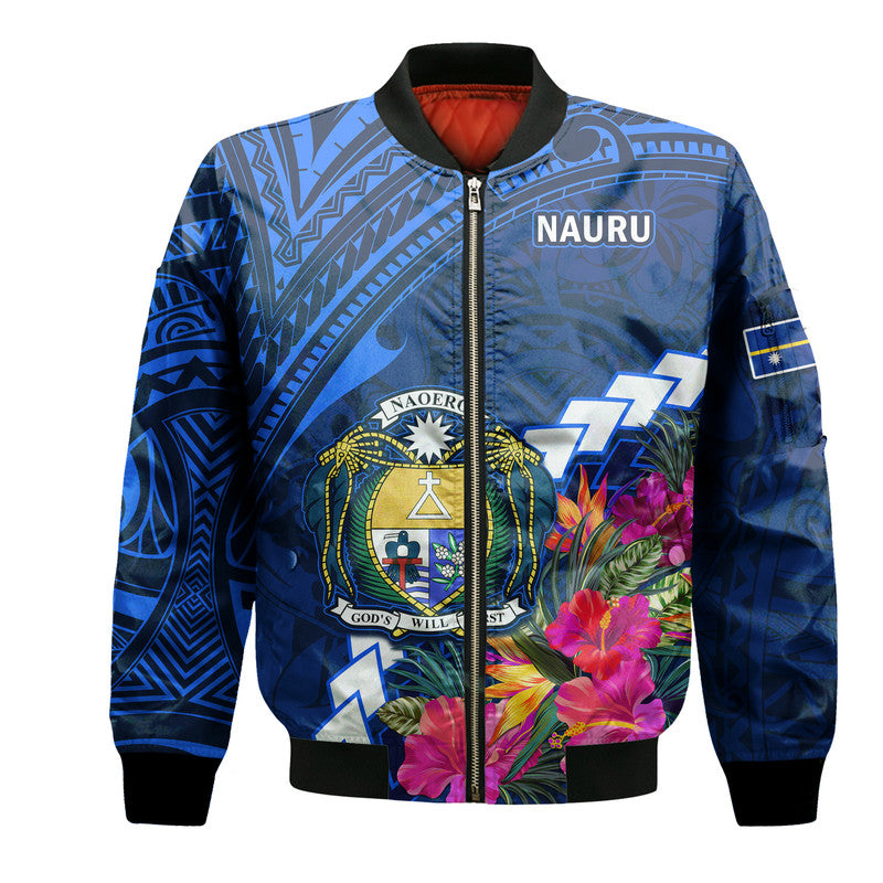 (Custom Personalised) Nauru Coat of Arms Bomber Jacket Polynesian Tropical LT9 Unisex Blue - Polynesian Pride