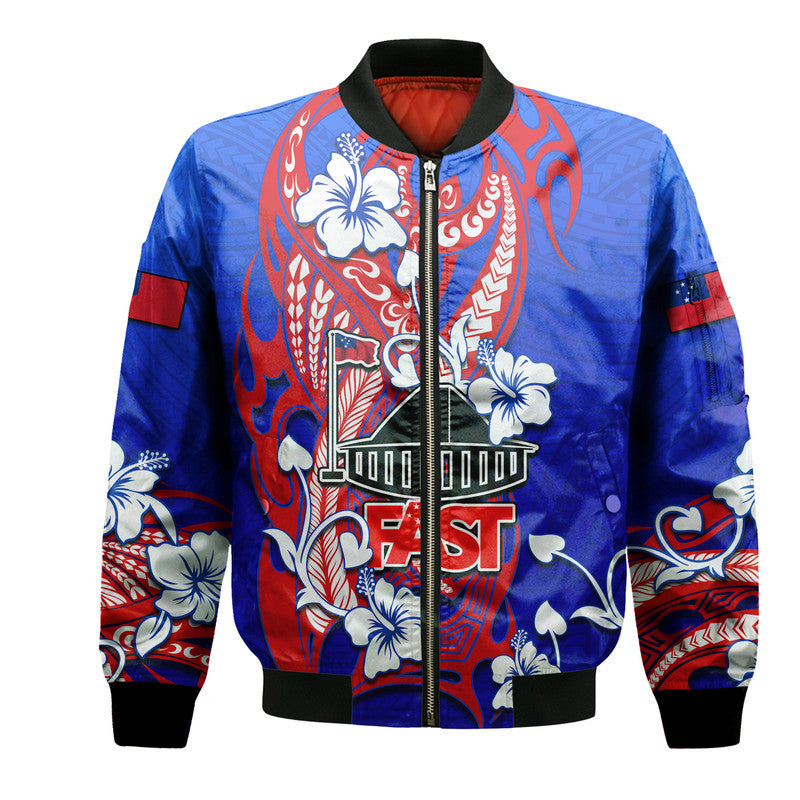 Special Samoa FAST Party Bomber Jacket Tribal Samoan Hibiscus Design LT9 Unisex Blue - Polynesian Pride