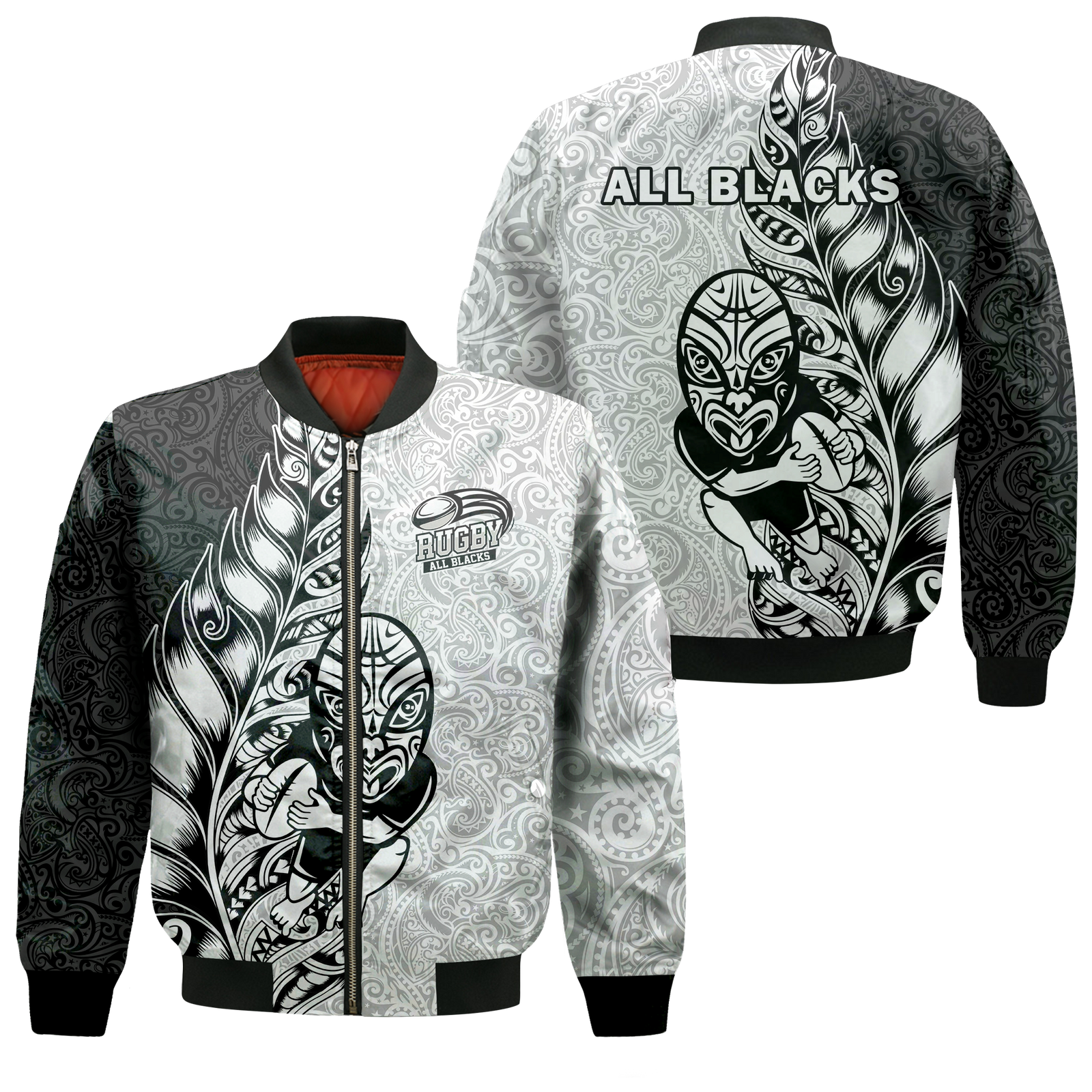 New Zealand Maori All Black Rugby Bomber Jacket - LT2 Unisex WHITE - Polynesian Pride