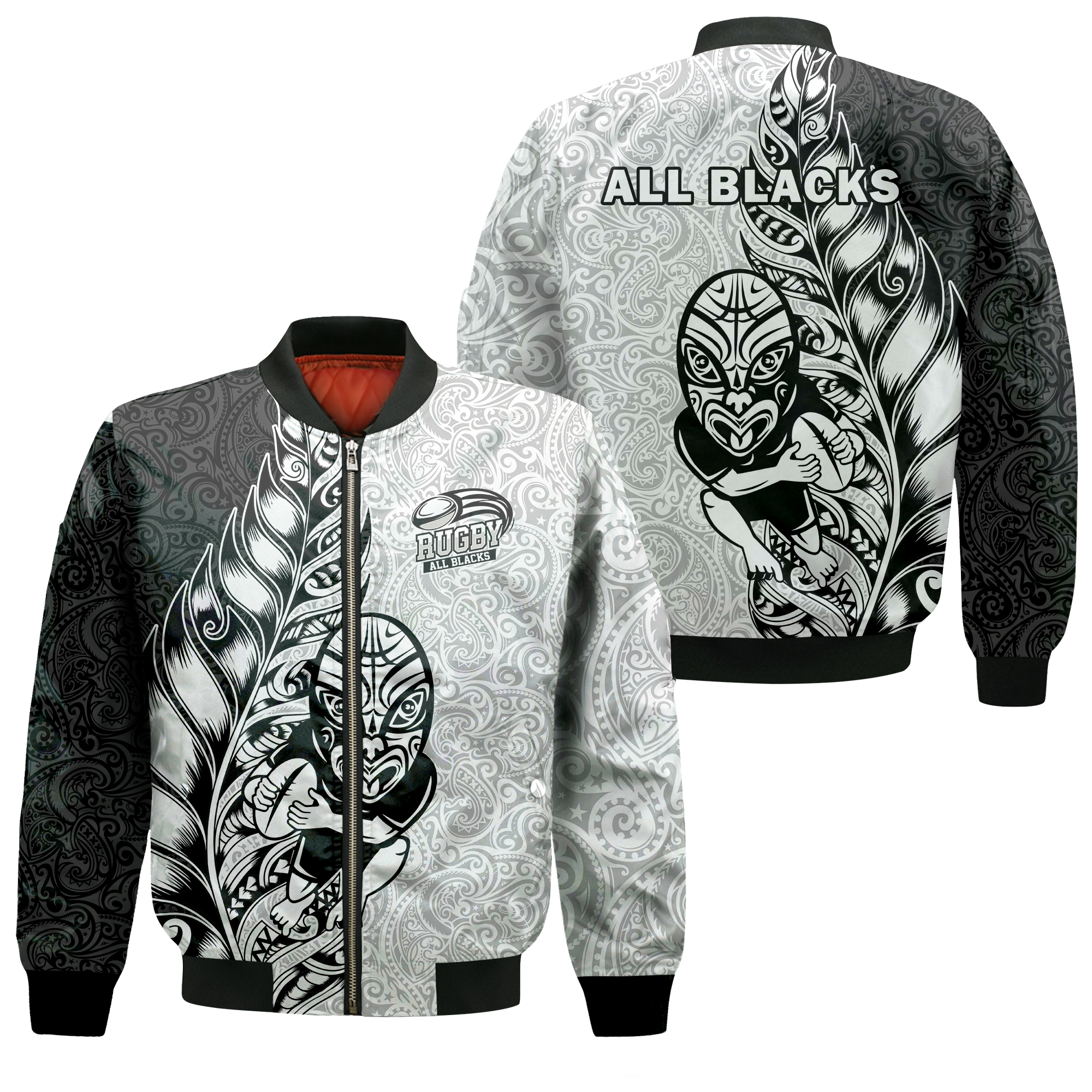 New Zealand Maori All Black Rugby Bomber Jacket - LT2 Unisex WHITE - Polynesian Pride