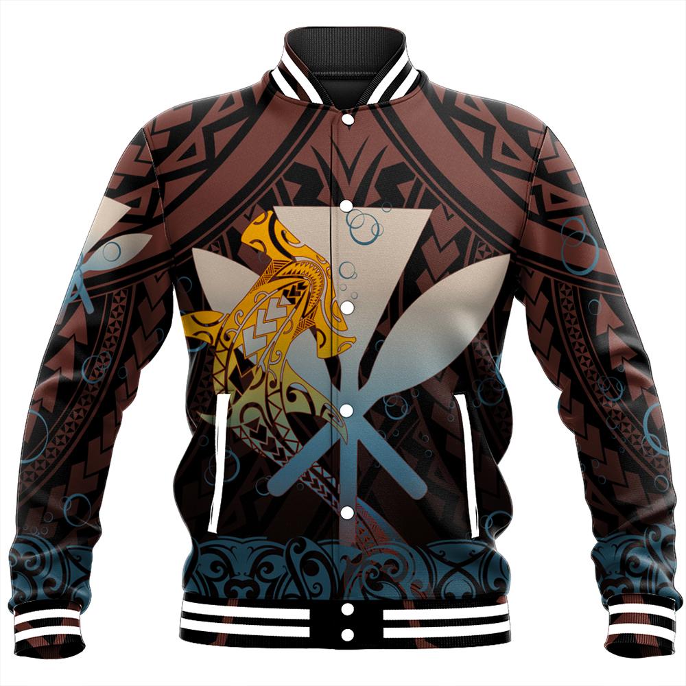 Hawaiian - Kanaka Shark Baseball Jacket - Bubbles Style - AH Unisex Brown - Polynesian Pride