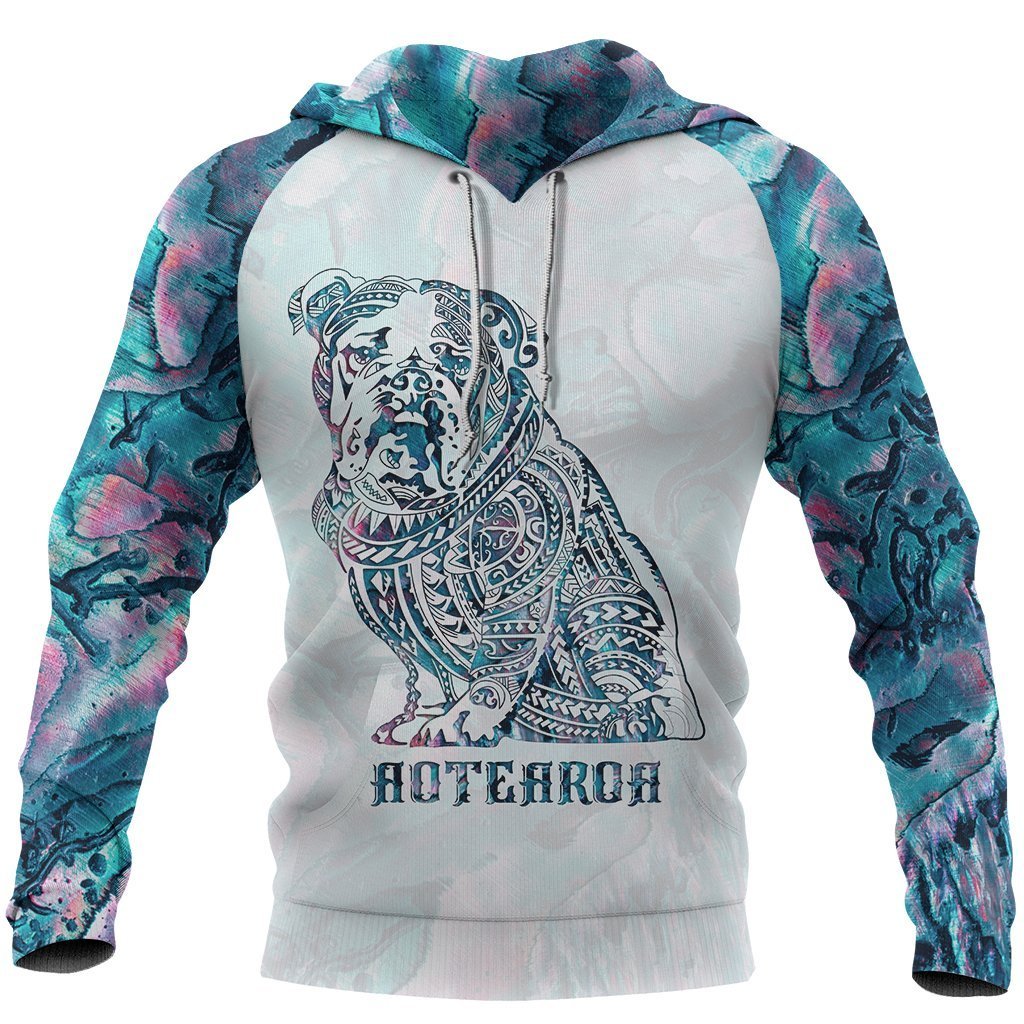 Aotearoa Maori Bulldog Hoodie, Paua Shell Bulldog Tattoo Pullover Hoodie Unisex Black - Polynesian Pride