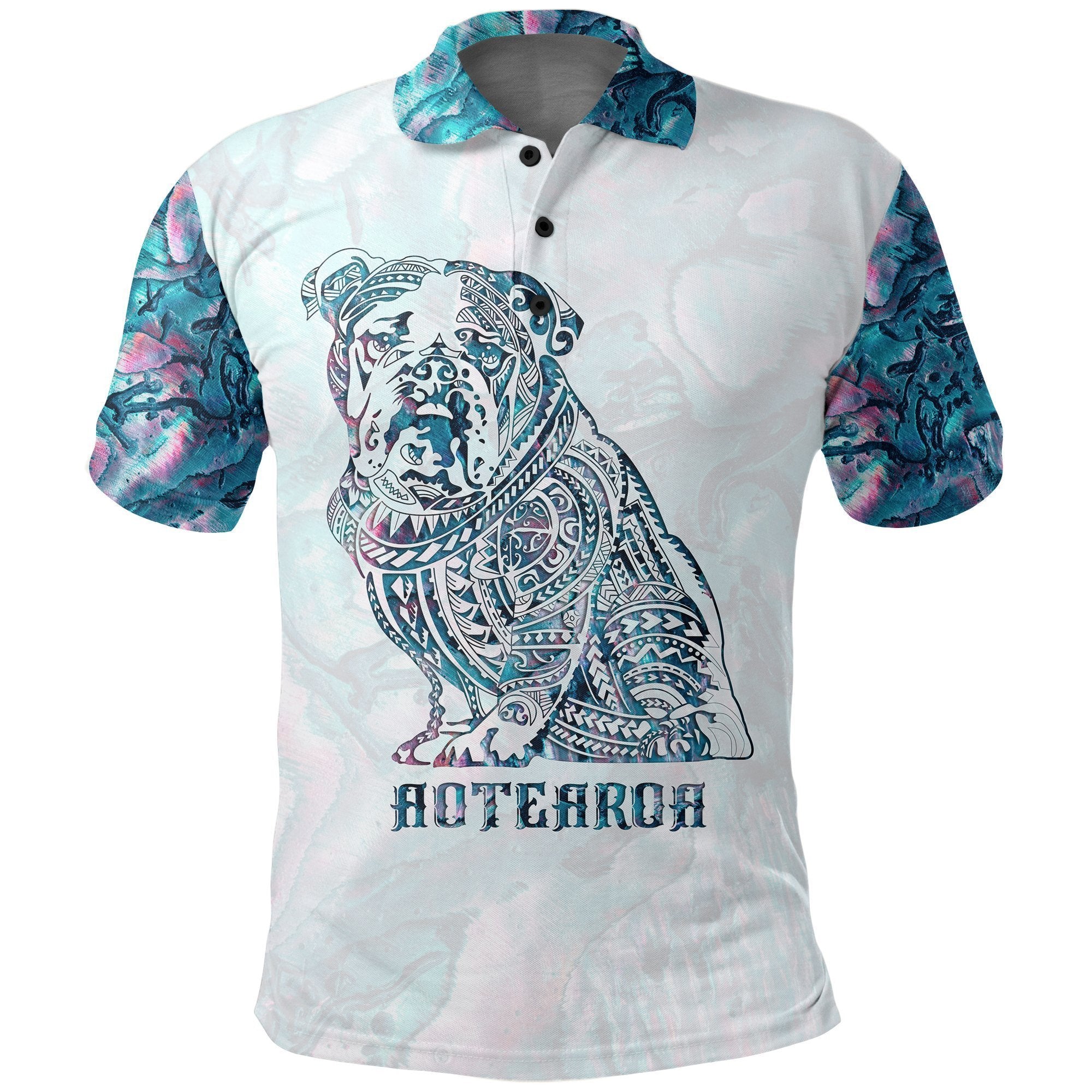 Aotearoa Maori Bulldog Polo Shirt, Paua Shell Bulldog Tattoo Golf Shirts Unisex Black - Polynesian Pride