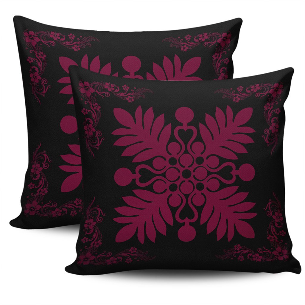 Hawaiian Quilt Maui Plant And Hibiscus Pattern Pillow Covers - Burgundy Black - AH - Polynesian Pride