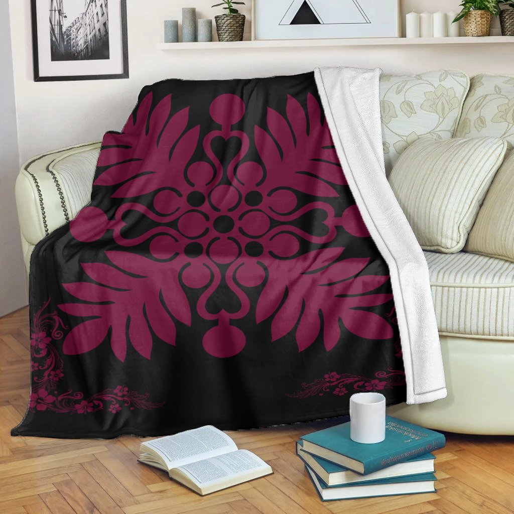 Hawaiian Quilt Maui Plant And Hibiscus Premium Blanket - Burgundy Black - AH White - Polynesian Pride