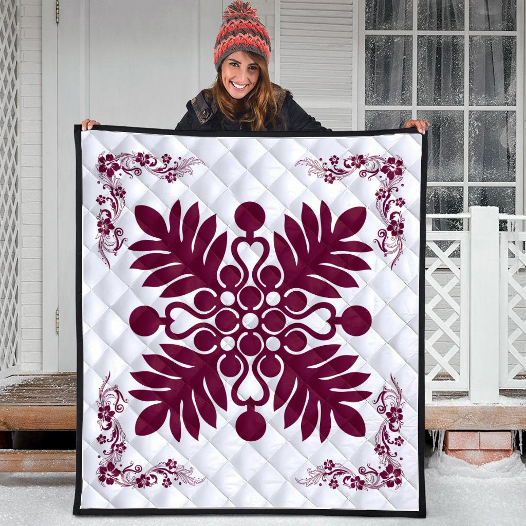 Hawaiian Quilt Maui Plant And Hibiscus Premium Quilt - Burgundy White - AH - Polynesian Pride
