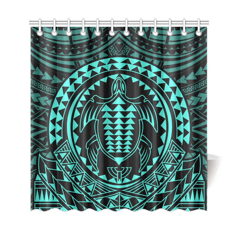 Hawaiian Kakau Honu Arc Turquoise Polynesian Shower Curtain - Polynesian Pride