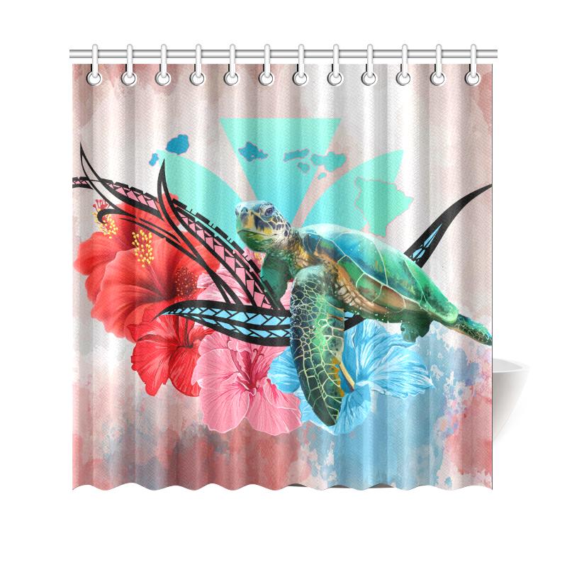 Hawaii Map Kanaka Sea Turtle Hibiscus Shower Curtain - AH - Blue Pink 177 x 172 (cm) Pink - Polynesian Pride