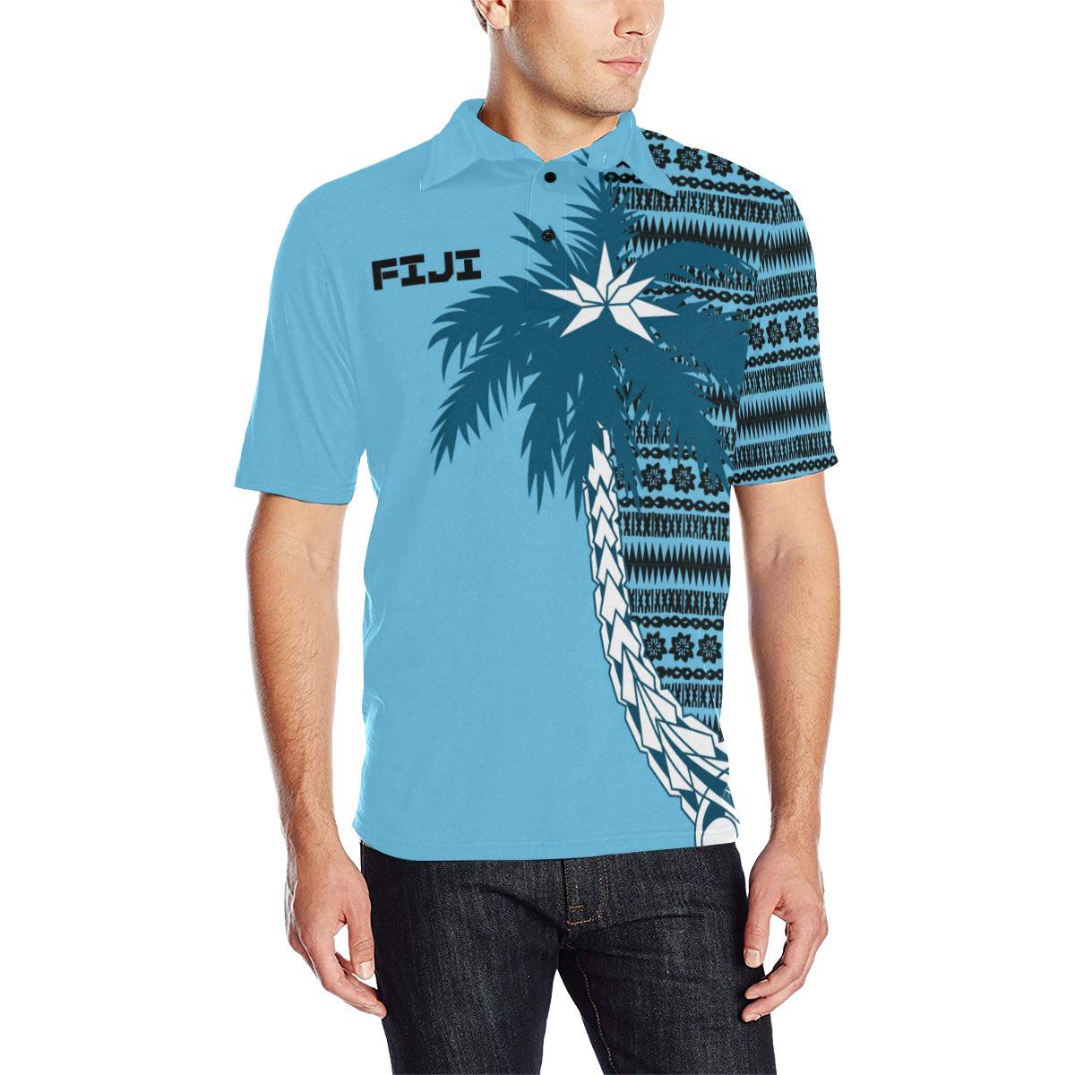 Fiji Tapa Polo Shirt FijiFlag Coconut Tree A02 Unisex Blue - Polynesian Pride