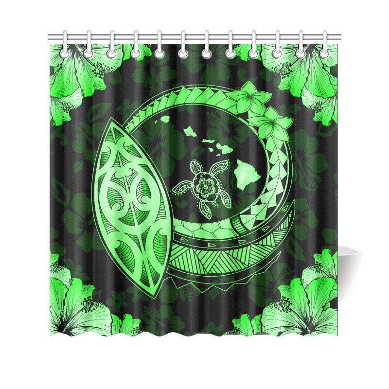 Hawaii Hibiscus Map Hidden Polynesian Green Turtle Shower Curtain 177 x 172 (cm) Green - Polynesian Pride