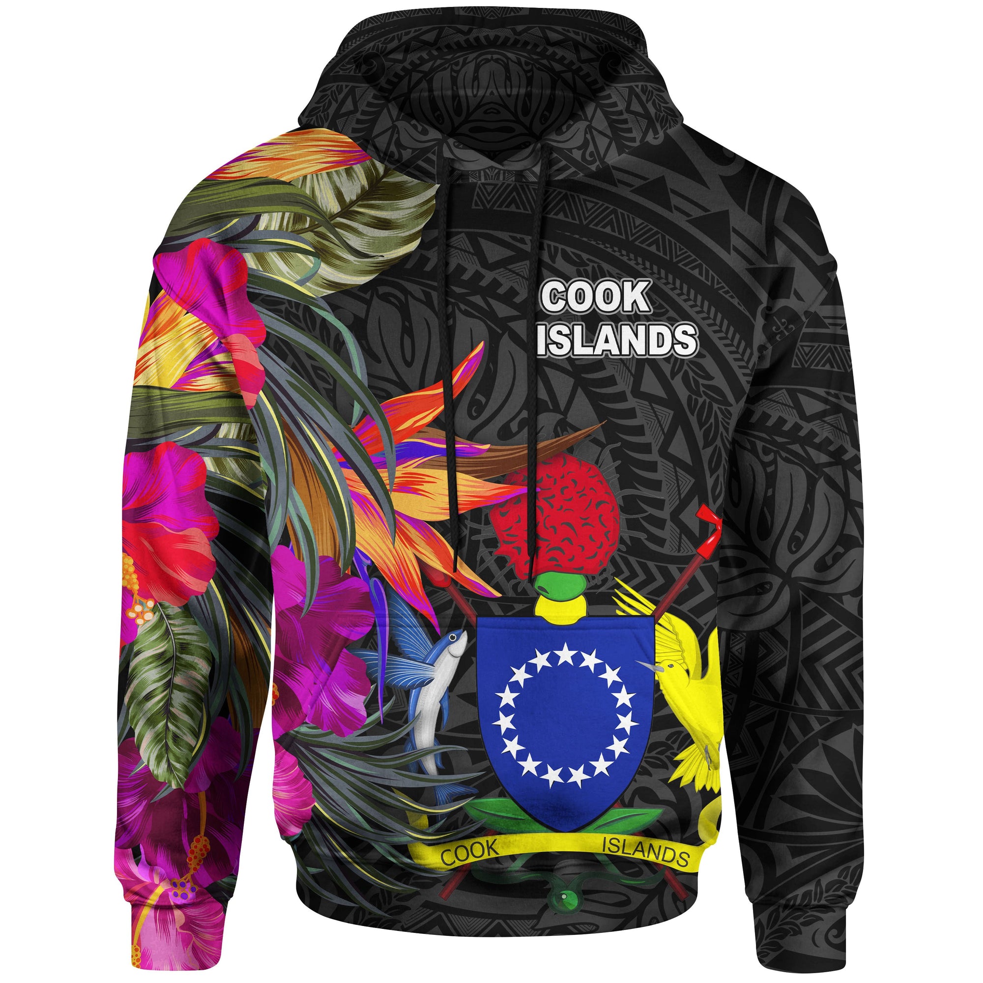 Cook Islands Hoodie Polynesian Hibiscus Pattern Unisex Black - Polynesian Pride