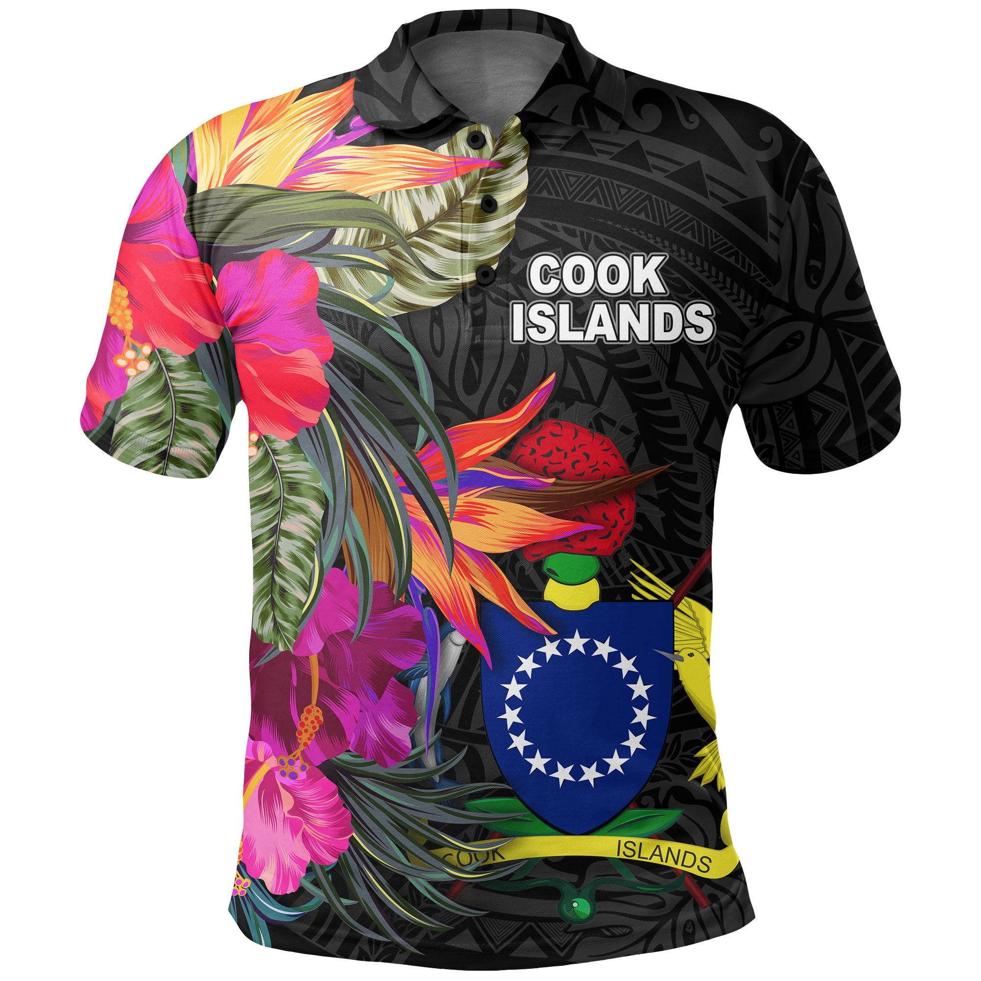 Cook Islands Polo Shirt Polynesian Hibiscus Pattern Unisex Black - Polynesian Pride