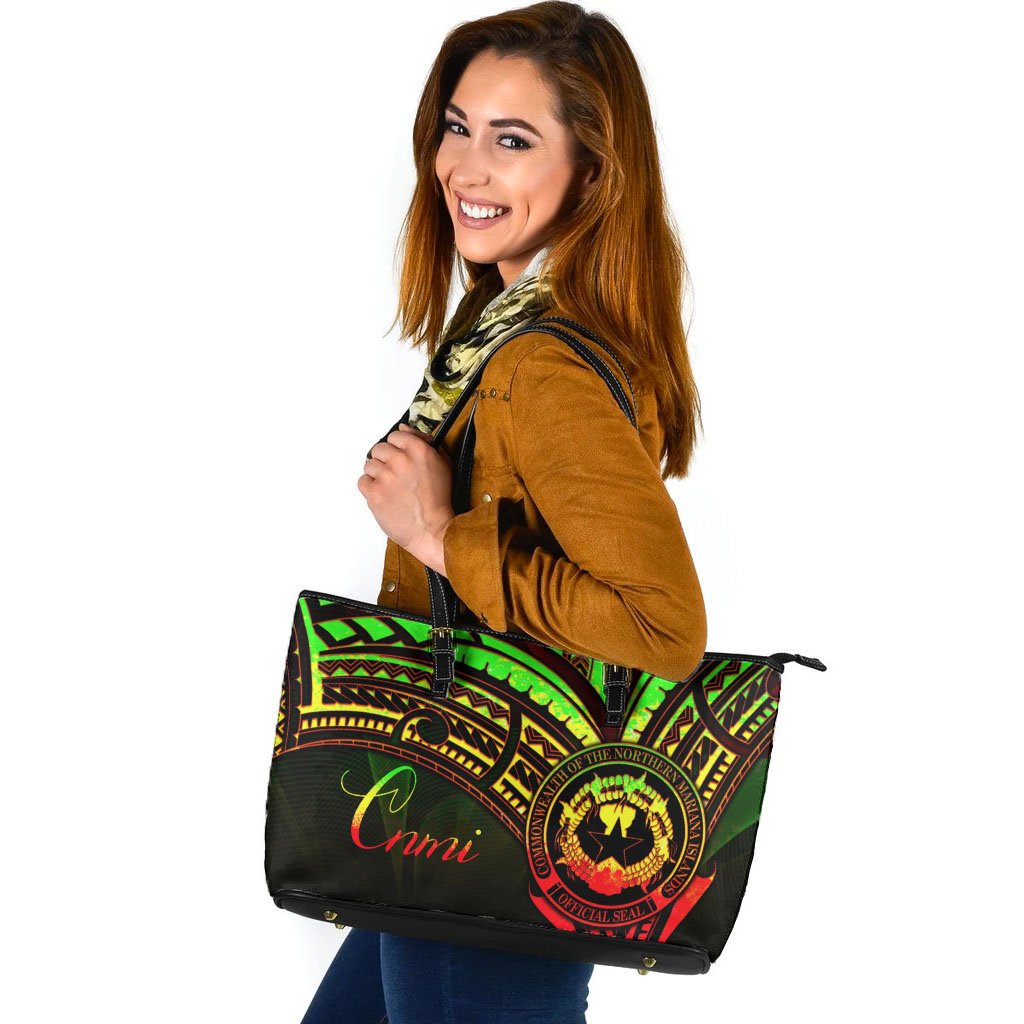 Northern Mariana Islands Leather Tote - Reggae Color Cross Style Black - Polynesian Pride