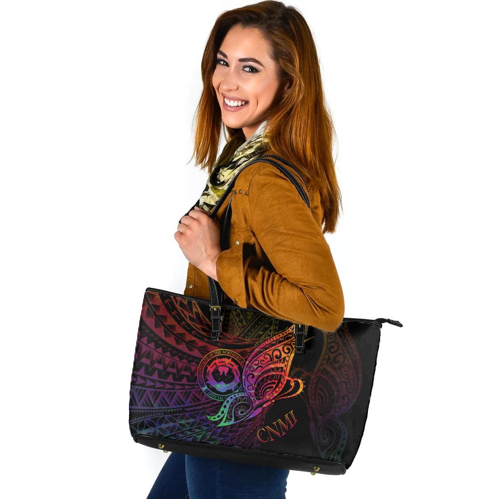 Northern Mariana Islands Leather Tote - Butterfly Polynesian Style Black - Polynesian Pride