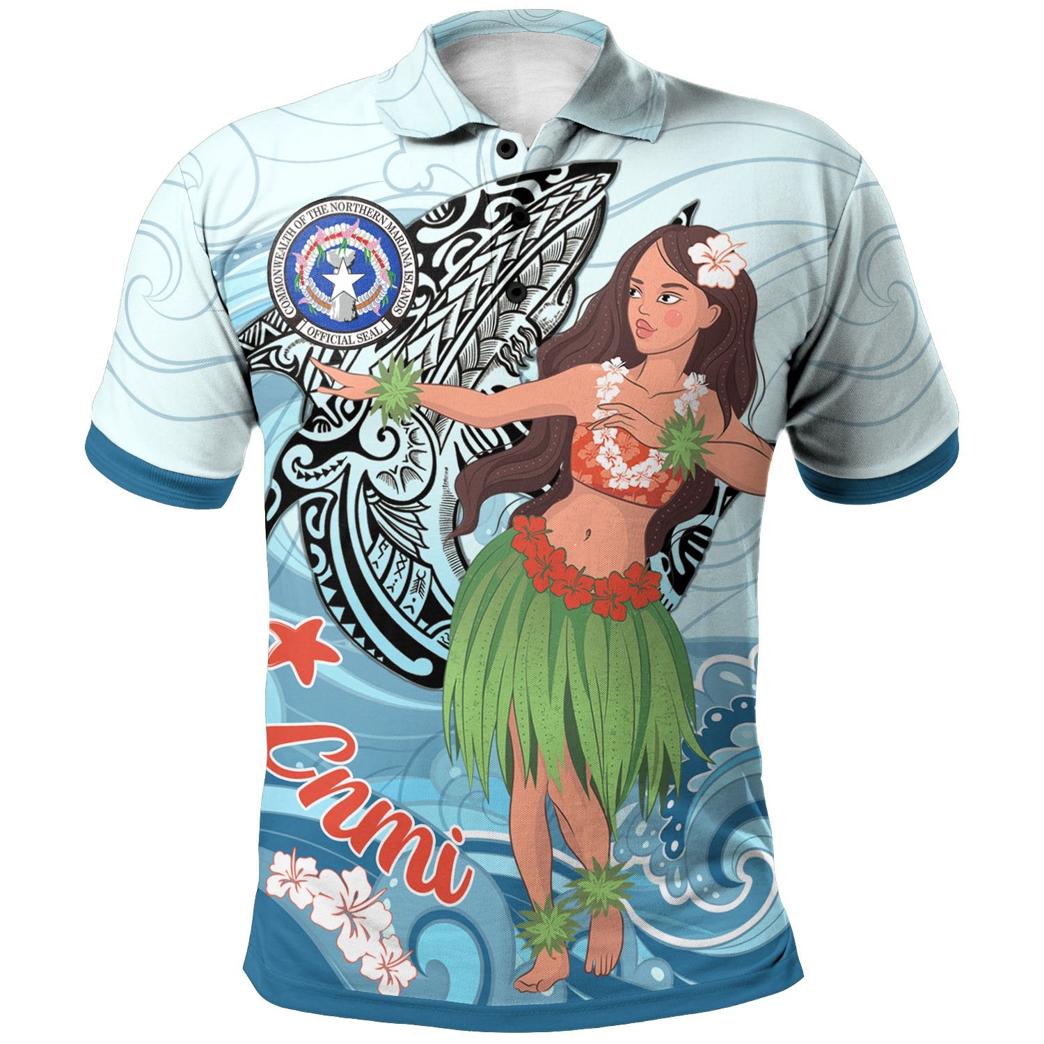 Northern Mariana Islands Polo Shirt Polynesian Girls With Shark Unisex Blue - Polynesian Pride