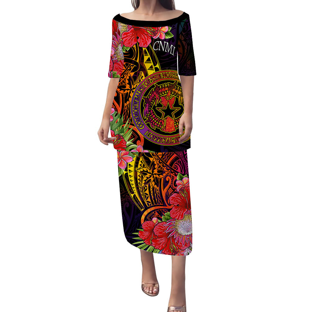 Northern Mariana Islands Puletasi Dress Tropical Hippie Style LT14 Black - Polynesian Pride