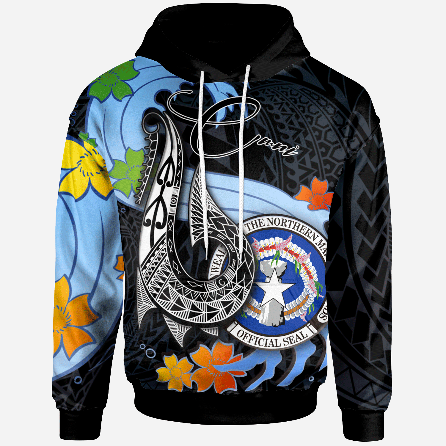 Northern Mariana Islands Hoodie Fish Hooks and Wave Unisex Black - Polynesian Pride