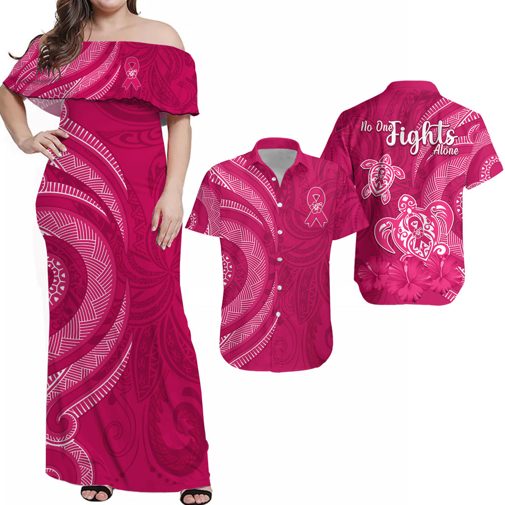 Polynesian Breast Cancer Awareness Matching Dress and Hawaiian Shirt Hibiscus No One Fights Alone LT13 Pink - Polynesian Pride