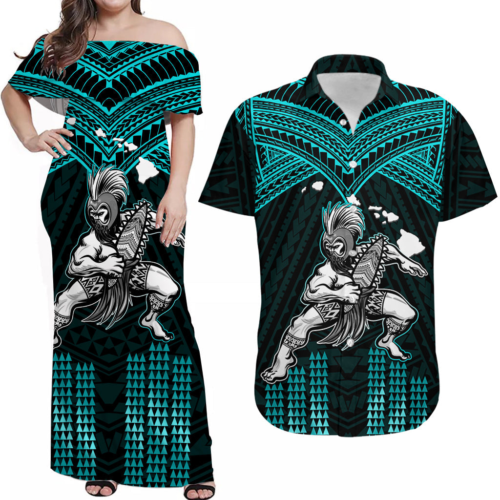 Custom Polynesian Couple Outfits Matching Turquoise Hawaiian Dress And Shirt Hawaiian Warrior with Weapon Polynesian Ver.02 LT14 Turquoise - Polynesian Pride