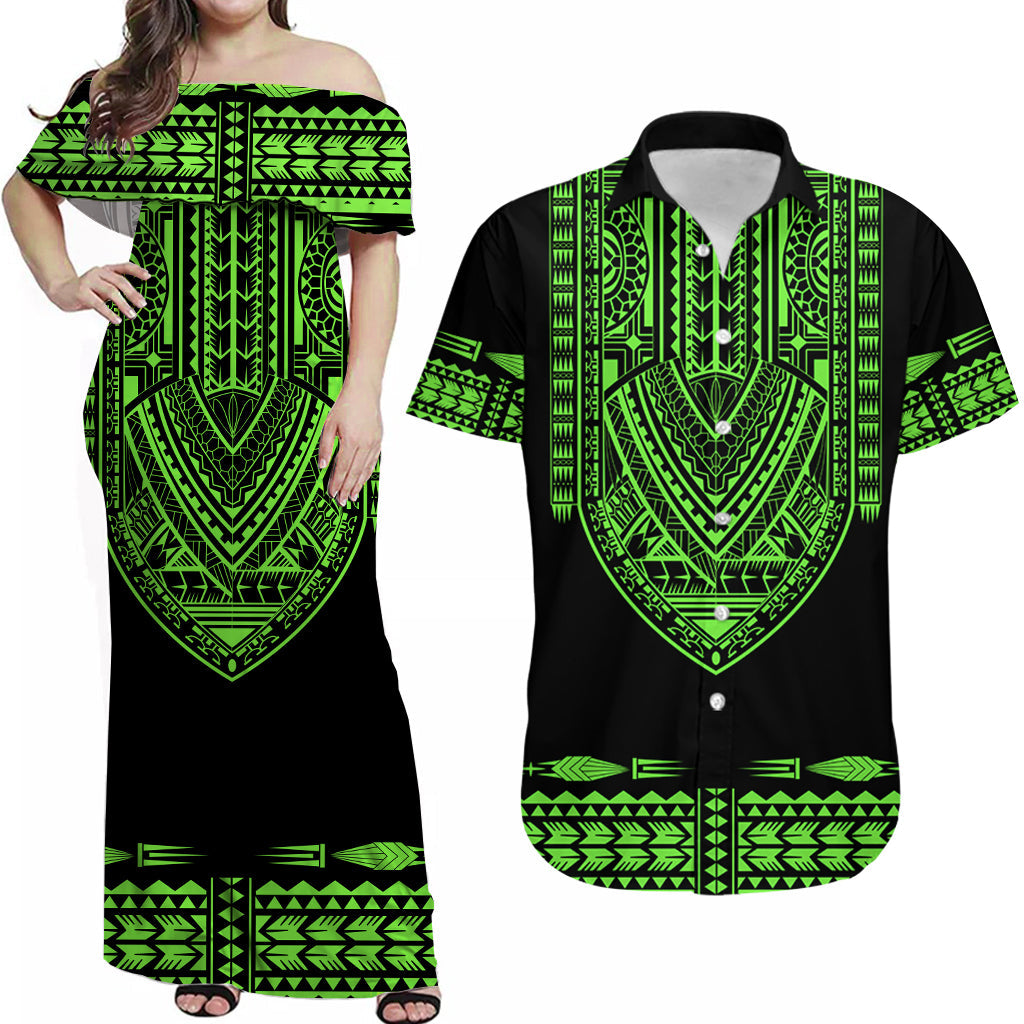 Custom Polynesian Tribal Matching Dress and Hawaiian Shirt Dashiki with Polynesian Tattoo Royal Green Version LT14 Green - Polynesian Pride