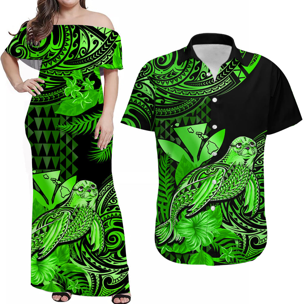 Custom Hawaii Monk Seal Matching Dress and Hawaiian Shirt Kakau with Kanaka Green LT14 Green - Polynesian Pride