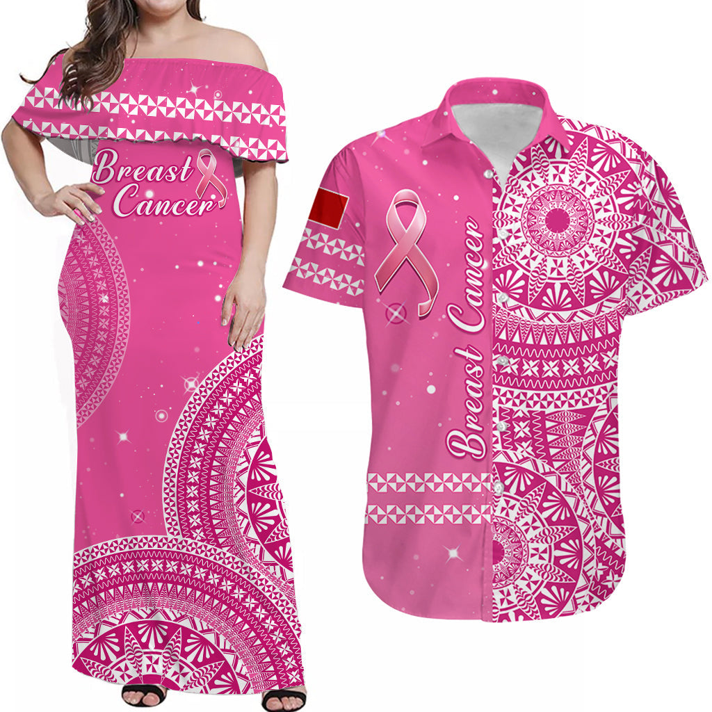 Tongan Breast Cancer Matching Dress and Hawaiian Shirt Tongan Ngatu Pattern No One Fights Alone LT14 Pink - Polynesian Pride