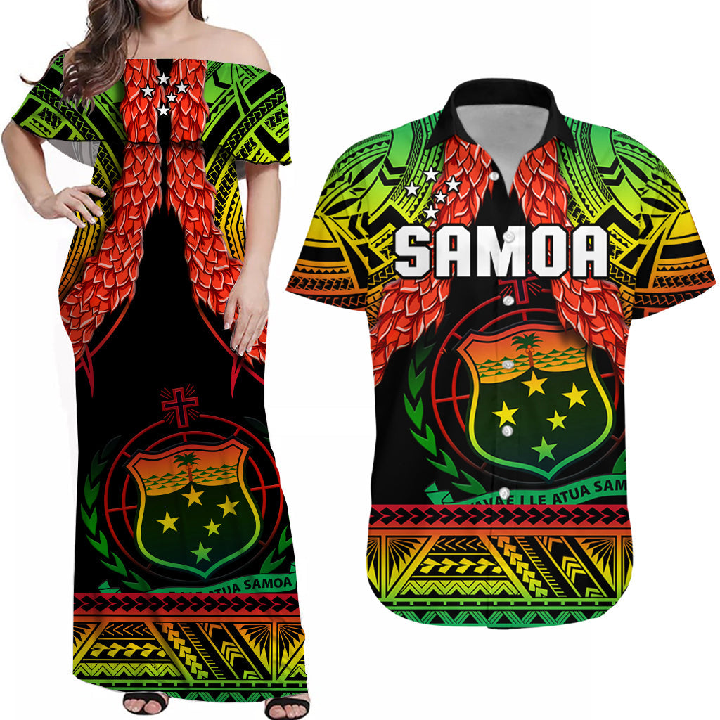 Samoa Rugby Matching Dress and Hawaiian Shirt Teuila Torch Ginger Gradient Style LT14 Black - Polynesian Pride