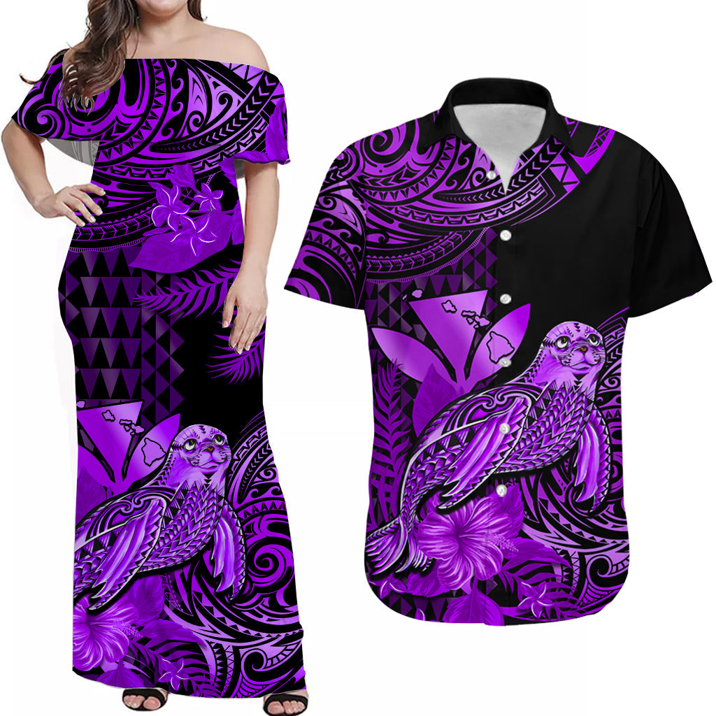 Custom Hawaii Monk Seal Matching Dress and Hawaiian Shirt Kakau with Kanaka Purple LT14 Purple - Polynesian Pride