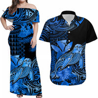 Custom Hawaii Monk Seal Matching Dress and Hawaiian Shirt Kakau with Kanaka Blue LT14 Blue - Polynesian Pride