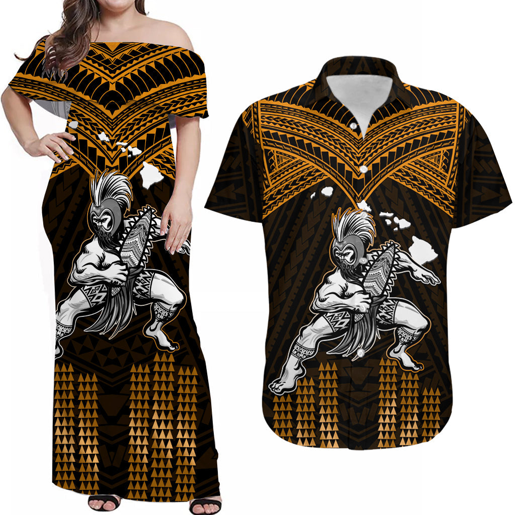 Custom Hawaiian Warrior Matching Dress and Hawaiian Shirt Polynesian Tribal Gold LT14 Gold - Polynesian Pride