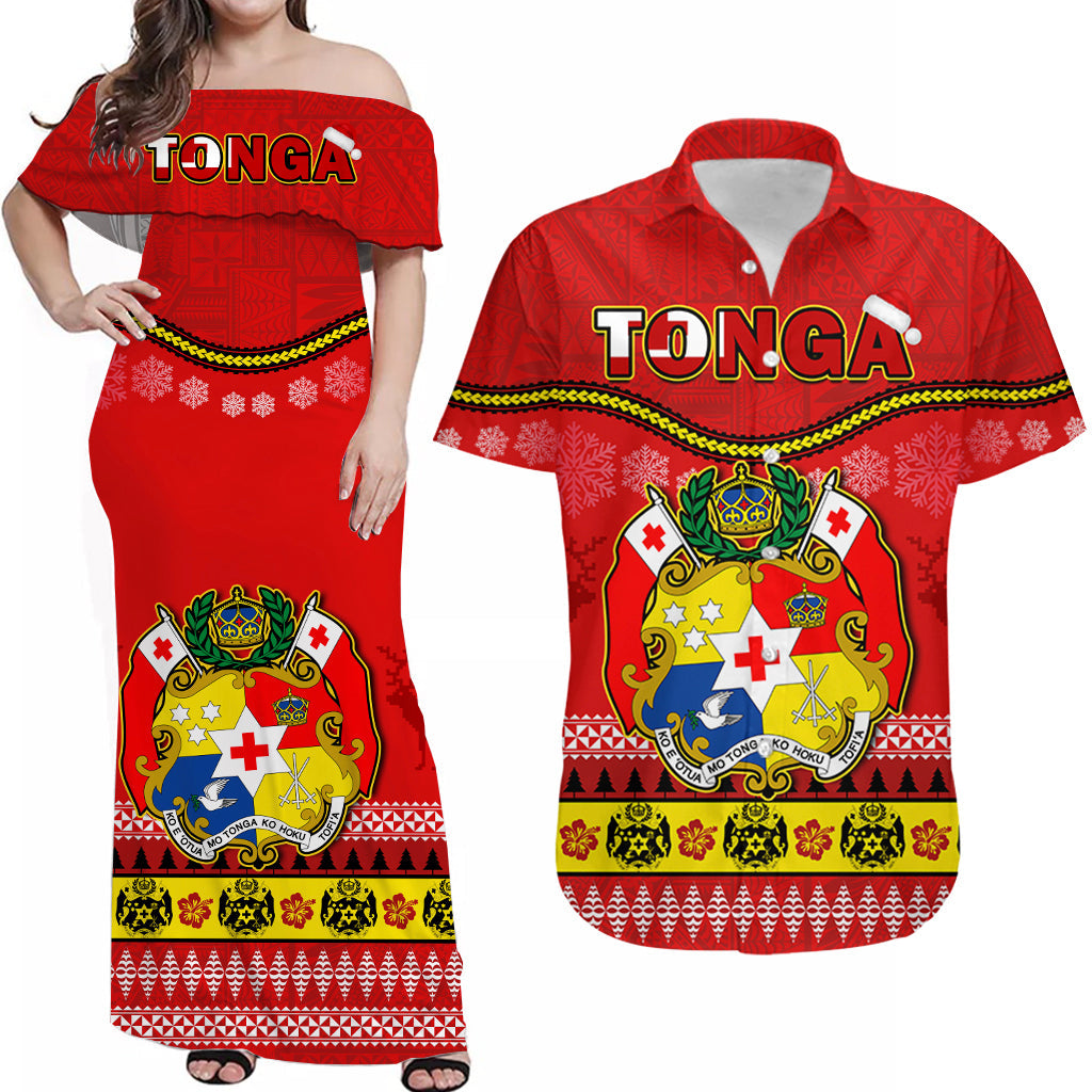 Custom Christmas Tonga Matching Dress and Hawaiian Shirt Tongan Ngatu Kilisimasi Fiefia LT14 Red - Polynesian Pride