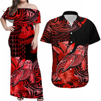 Custom Hawaii Monk Seal Matching Dress and Hawaiian Shirt Kakau with Kanaka Red LT14 Red - Polynesian Pride