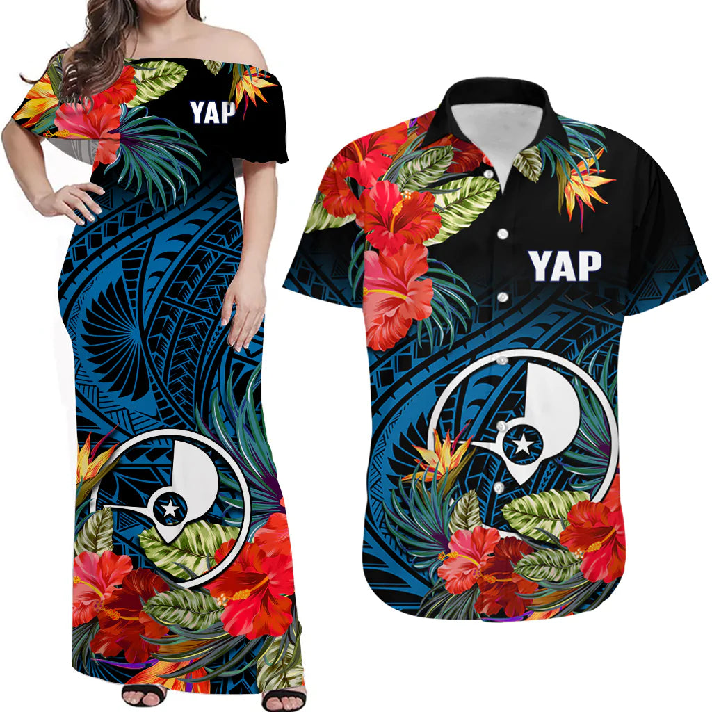 Custom Yap State Matching Dress and Hawaiian Shirt Polynesian Hibiscus Flowers LT14 Blue - Polynesian Pride