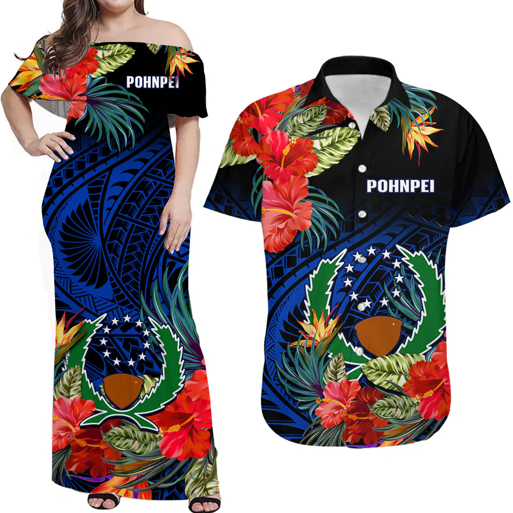 Custom Pohnpei State Matching Dress and Hawaiian Shirt Polynesian Hibiscus Flowers LT14 Blue - Polynesian Pride