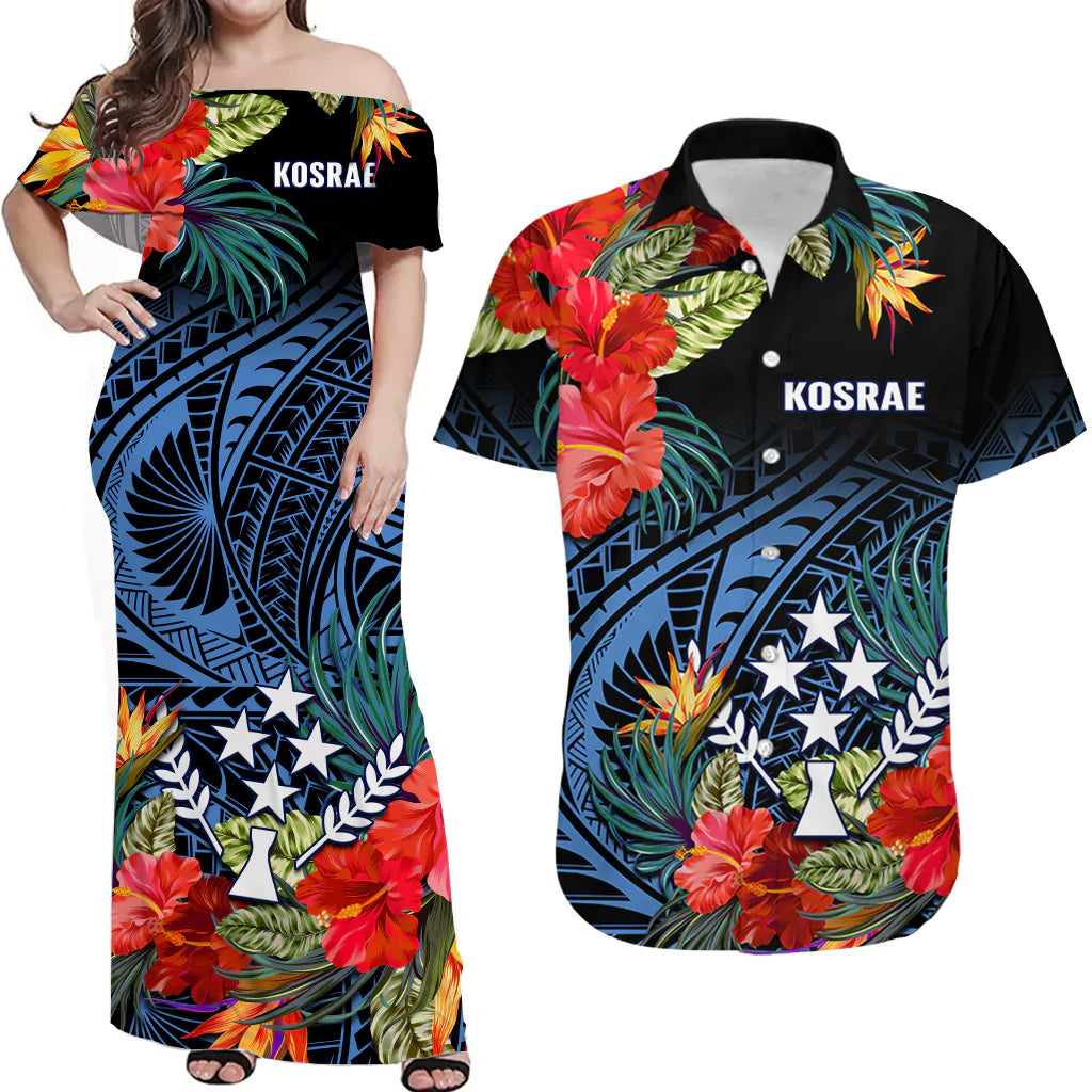 Kosrae State Matching Dress and Hawaiian Shirt Polynesian Hibiscus Flowers LT14 Blue - Polynesian Pride