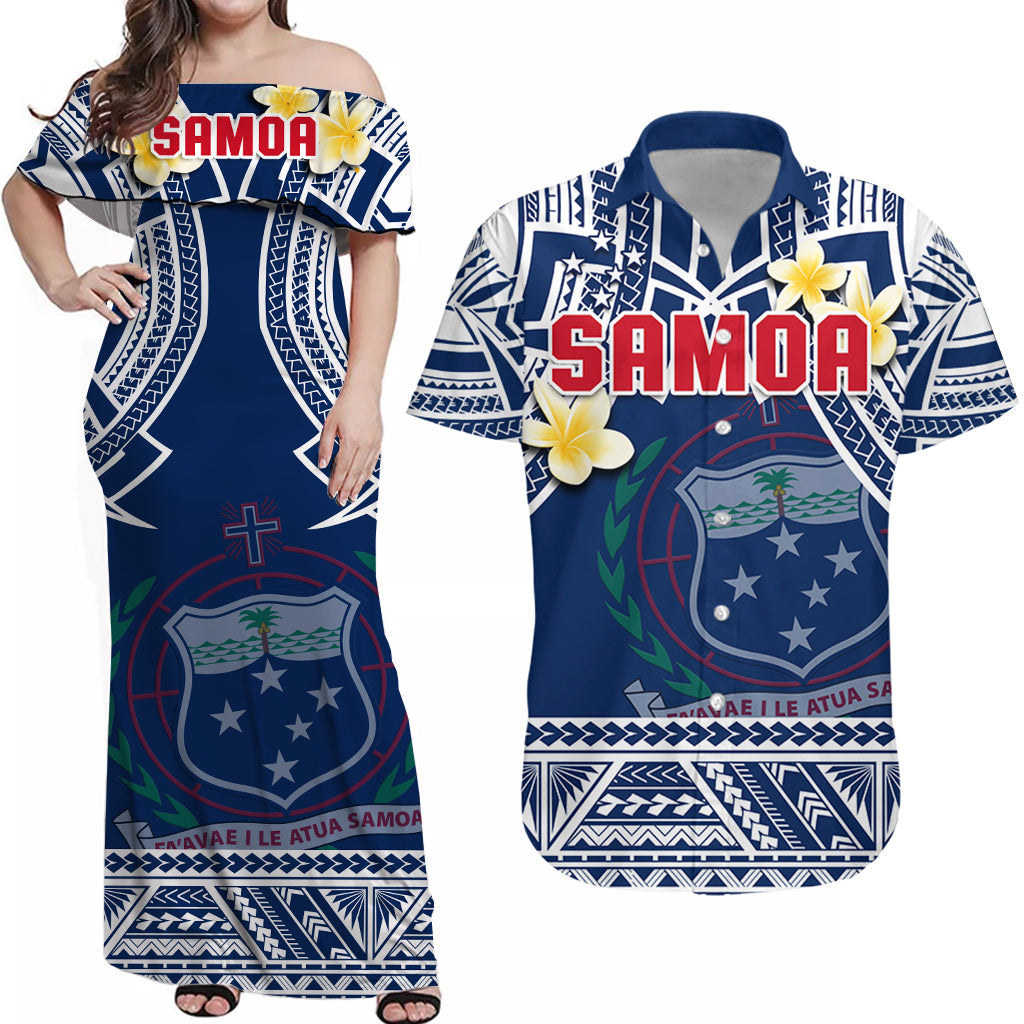 Custom Polynesian Matching Dress and Hawaiian Shirt Samoan Plumeria Flowers LT14 Blue - Polynesian Pride