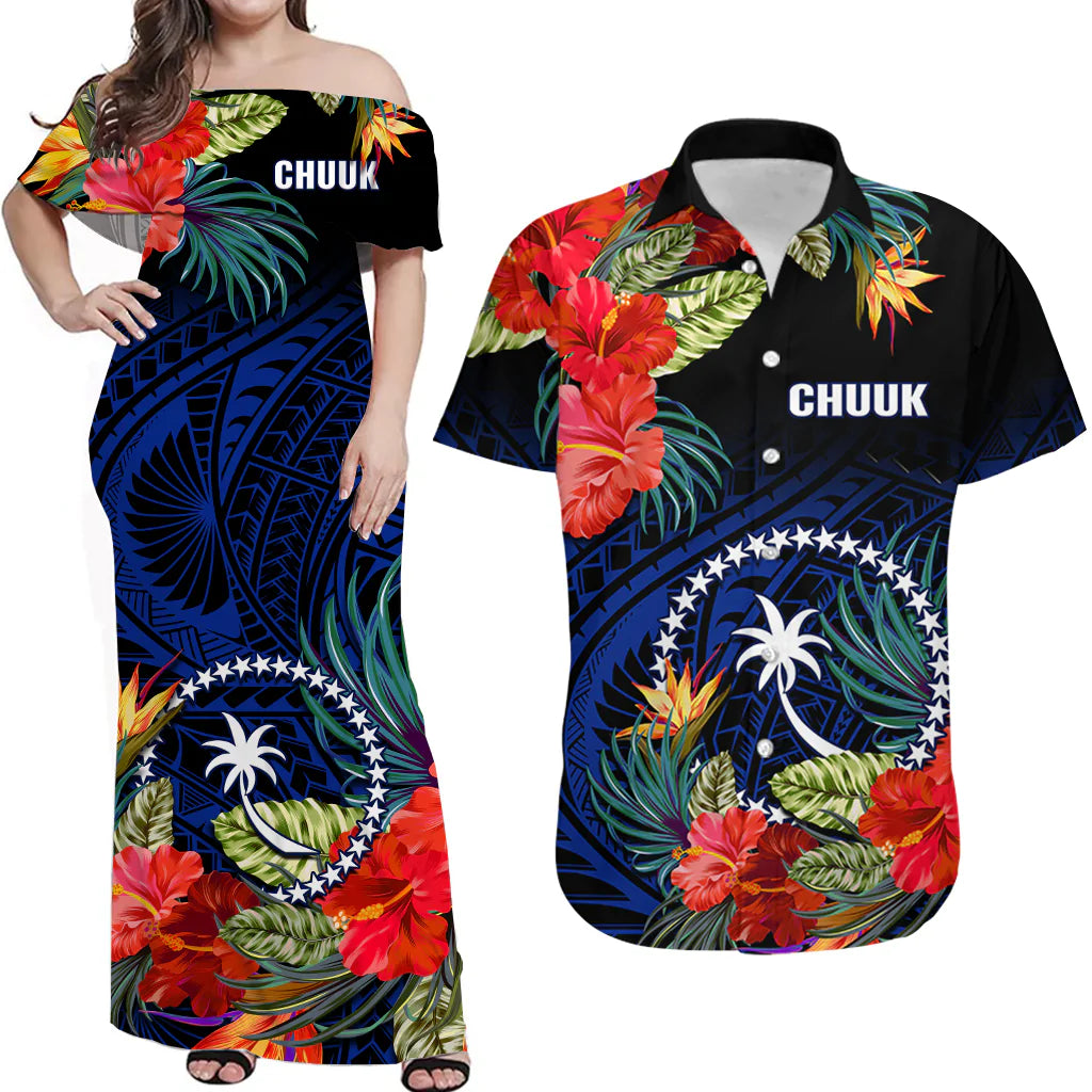 Chuuk Micronesia Matching Hawaiian Shirt and Dress Hibiscus Flowers Mix Polynesian LT14 Blue - Polynesian Pride