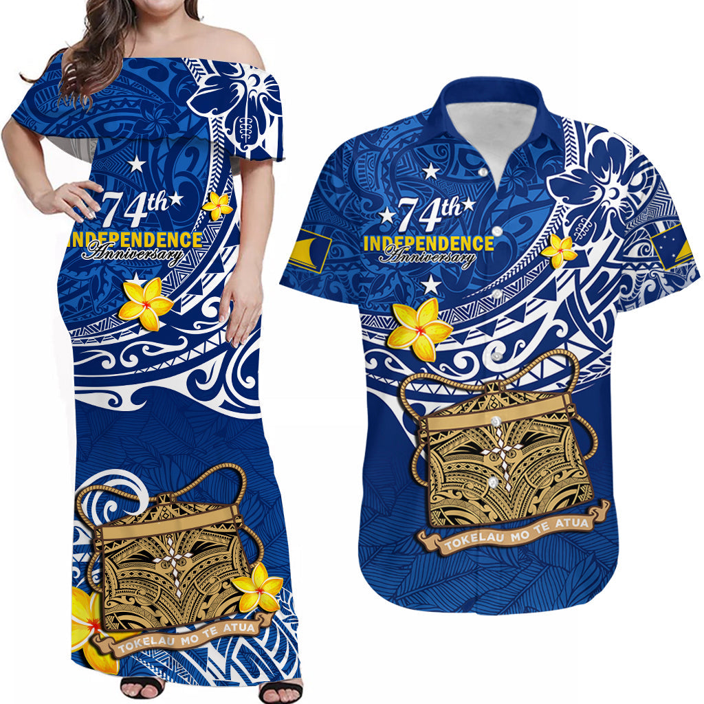 Tokelau Matching Dress and Hawaiian Shirt National Badge Polynesian Happy 74th Independence Anniversary LT14 Blue - Polynesian Pride