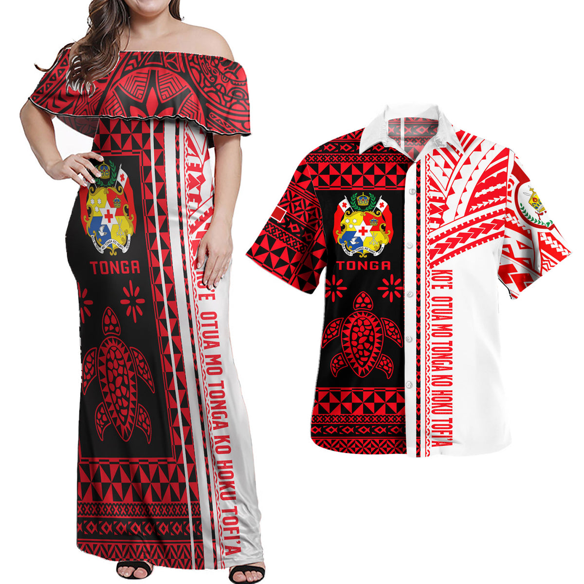 Tonga Matching Dress and Hawaiian Shirt Proud To be Tongan Polynesian Patterns with Kupesi Red - Polynesian Pride