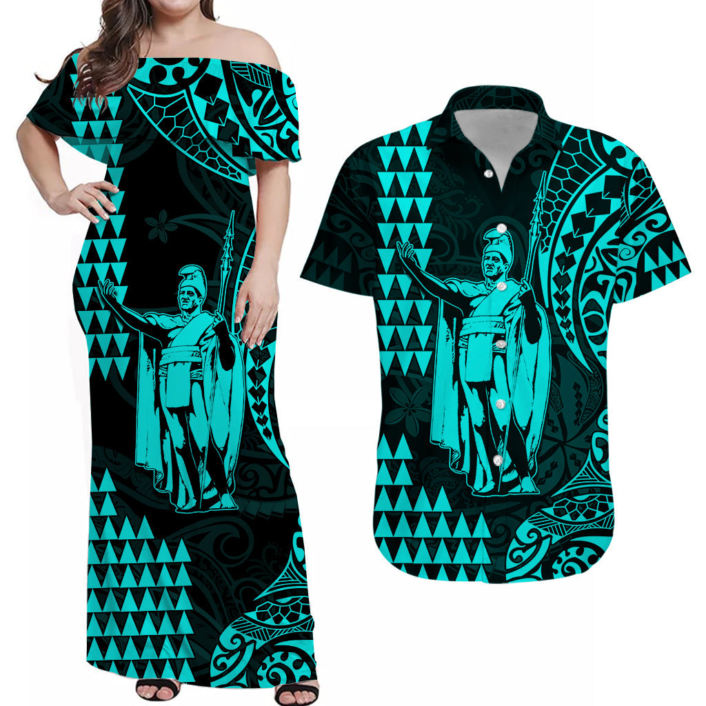 Custom King Kamehameha Matching Hawaiian Outfits For Couples with Polynesian Tribal Turquoise LT13 Turquoise - Polynesian Pride