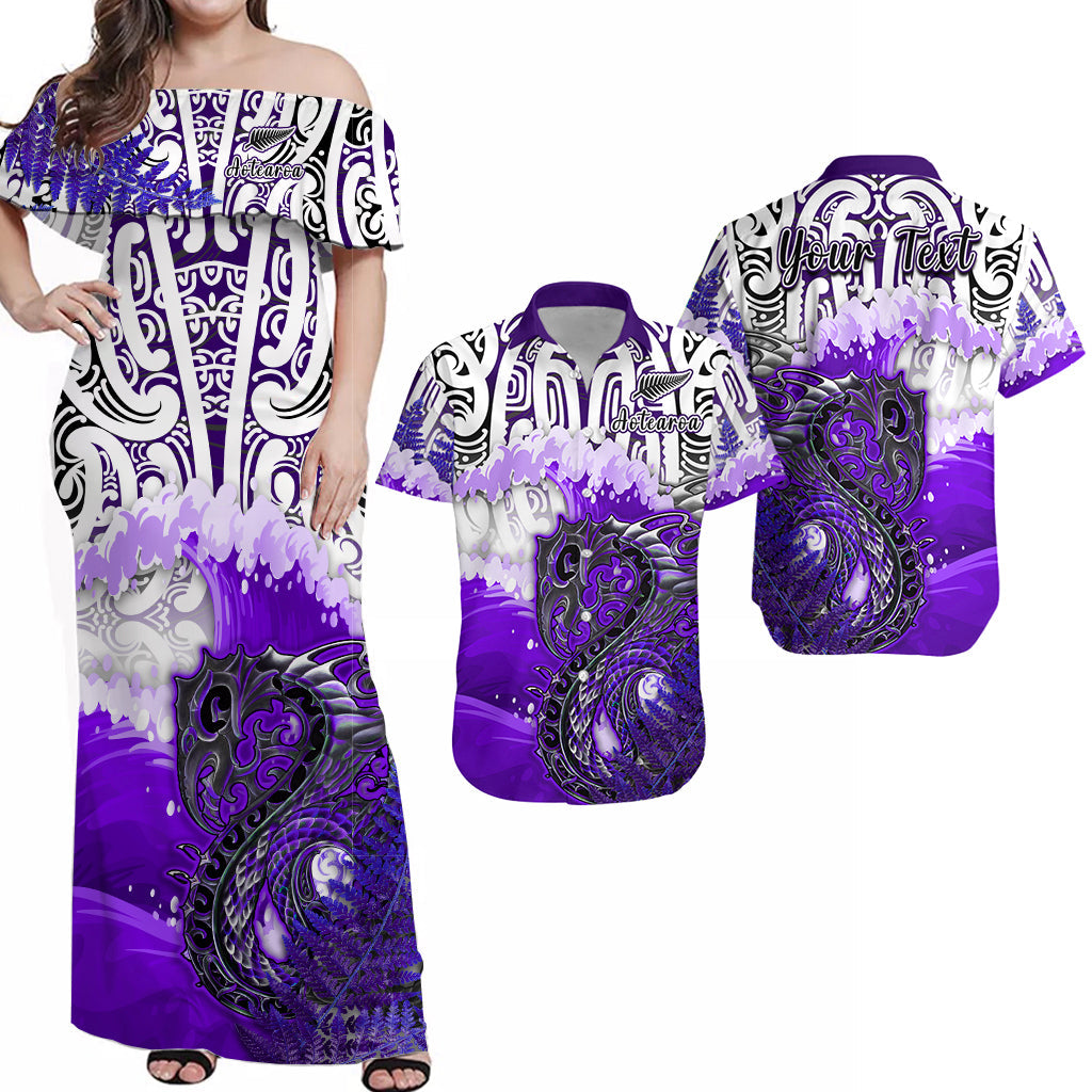 Custom Manaia Maori Matching Dress and Hawaiian Shirt Fern Aotearoa Purple Waves LT13 Purple - Polynesian Pride