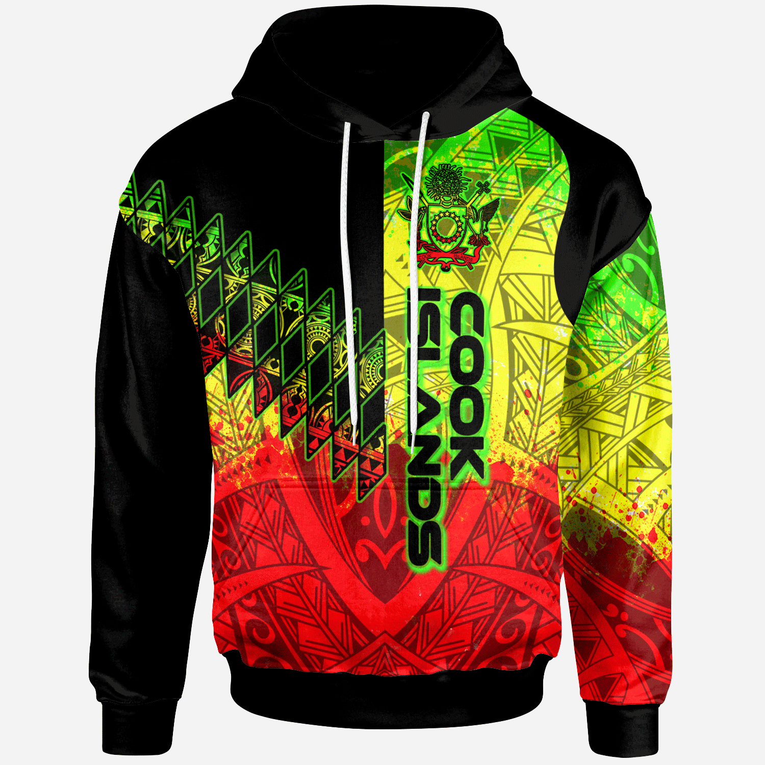 Cook Islands Hoodie Reggage Color Symmetry Style Unisex Black - Polynesian Pride