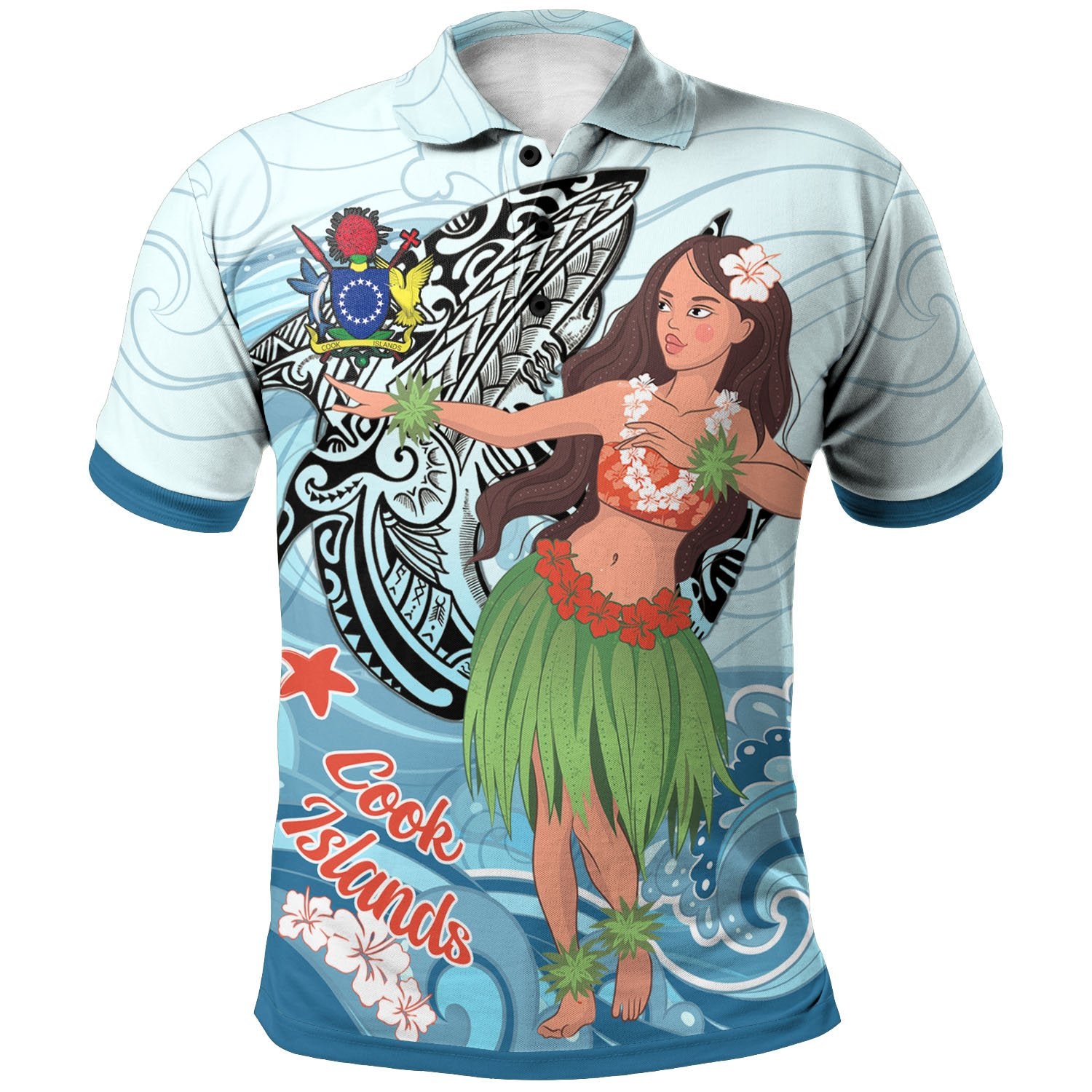 Cook Islands Polo Shirt Polynesian Girls With Shark Unisex Blue - Polynesian Pride