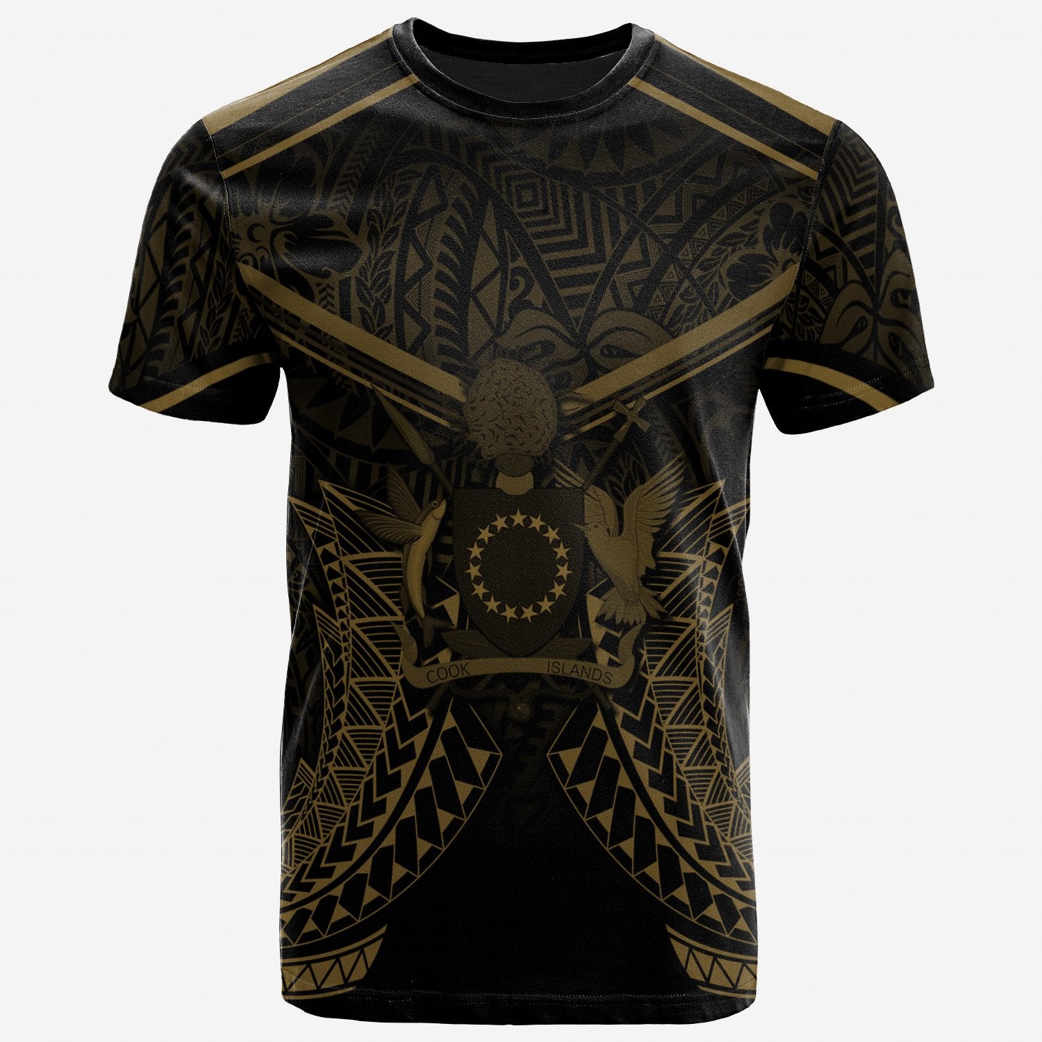 Cook Islands T Shirt Polynesian Seal With Gold Line Style Unisex Black - Polynesian Pride