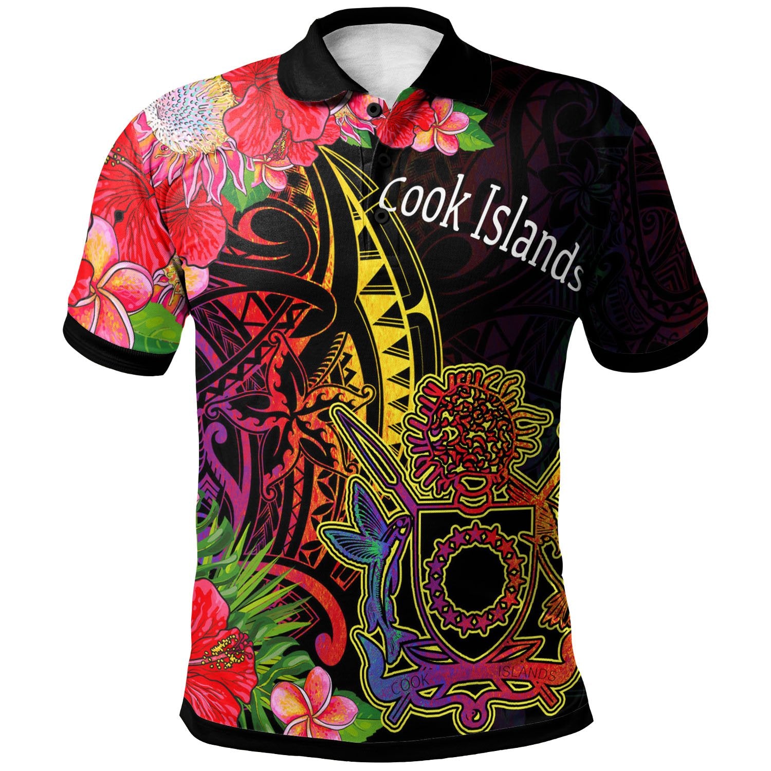 Cook Islands Polo Shirt Tropical Hippie Style Unisex Black - Polynesian Pride